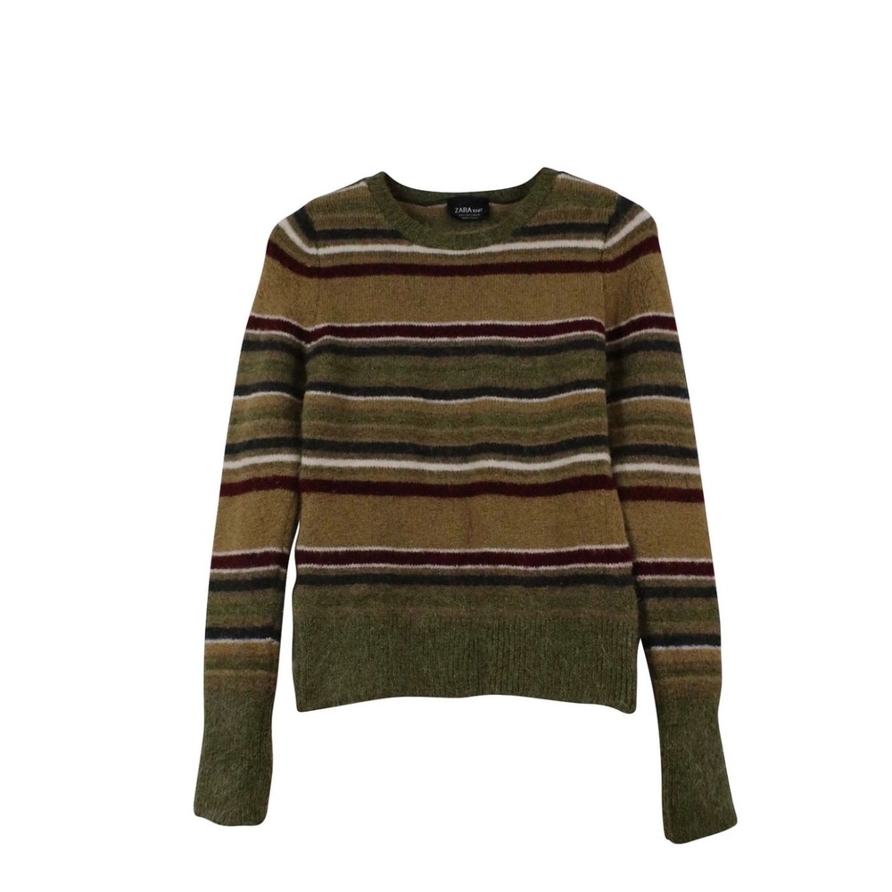 Zara Knit Womens Striped Crewneck Sweater Olive Green Tan Burgundy Size‎ Medium